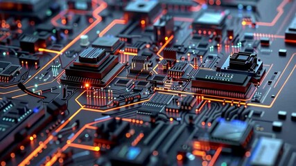 Poster - A detailed view of a circuit board illuminated by vibrant orange and blue lights showcases the complexity of electronic components and their connections in modern technology.