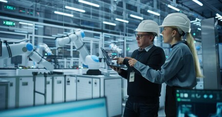 Fototapete - Factory Employees Using Laptop and Having a Conversation on a Production Floor. Robotic Arms Automate Circuit Board Assembly Inside a Smart IoT Factory. Automatic Conveyor is Powered by an AI Software