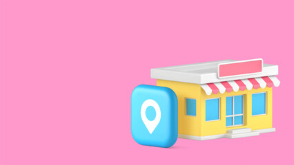 Poster - Shop store market supermarket map address location GPS navigation copy space banner vector illustration. Shopping mall center search point global positioning system route cartography technology