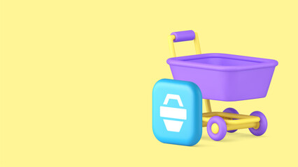 Poster - Online shopping cart buying goods purchase commercial retail copy space banner vector illustration. Shop store market supermarket internet purchasing order trolley cart web merchandise