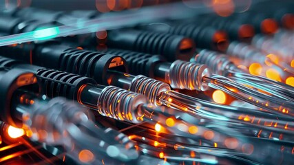 Poster - Network cables with glowing connectors are arranged in a server rack, highlighting the advanced technology of data management in a modern data center.