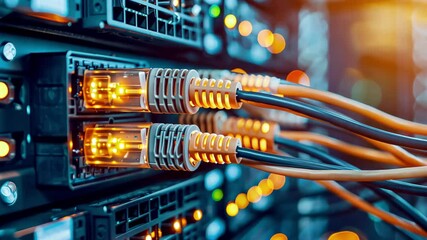 Poster - In a data center, numerous servers display illuminated network cables, emphasizing technology's critical role in data management and communication.