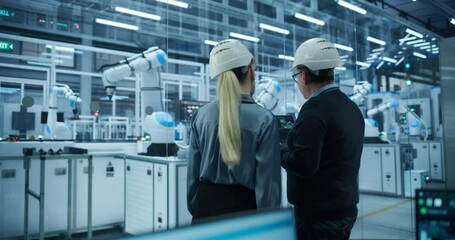 Leinwandbilder - Engineer and Technician Standing with Their Back to Camera, Having a Discussion and Using a Laptop Computer. Industrial Specialists Analyzing Conditions at an Electronics Factory with an Assembly Line