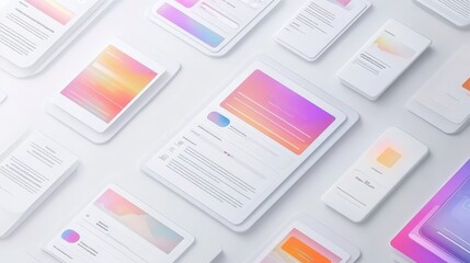 modern digital devices with colorful user interfaces on white background
