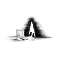 Leinwandbilder - Black Cat Portal:  Two Felines Gaze at a Computer Screen Emerging From a Shaded Archway