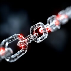 Fototapete - Blockchain Innovation: Conceptual Design of Connected Chains with Red Highlights on a Black Background.