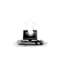 Poster - Outdated Technology: Sketch of a Computer with a Bright Light Emanating, Surrounded by Nature