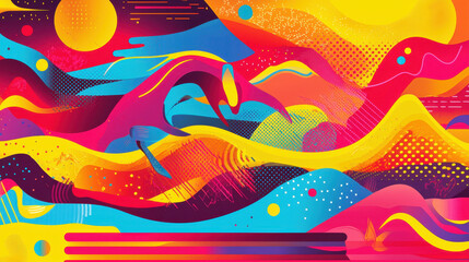 Poster - Vibrant Abstract Colorful Painting with Dynamic Flowing Lines Bright Hues and Textured Elements Creating an Energetic Artistic Composition Splash of Bright Colors