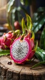 The canvas showcases four close-up photographs of exotic fruits, including dragon fruits, pomegranates, pineapples, and persimmons, showcasing the beauty of nature's abundance.