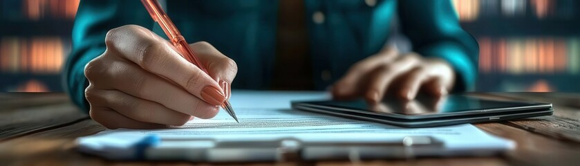 Poster - A close-up of a person's hand writing notes on a paper while holding a pencil, with a tablet nearby, suggesting a focus on productivity and learning.