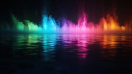 Wall Mural - Colorful neon smoke reflecting on water, night scene