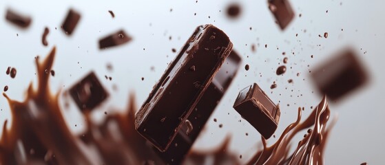 Poster - Decadent dark chocolate bars suspended midair with rich chocolate sauce splash creating a dynamic and delicious food photography scene perfect for confectionery marketing