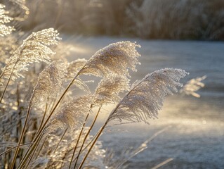 Poster - Golden hour light illuminating frosted reeds near a calm lake creating a serene winter scene