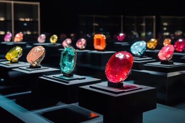 Poster - Captivating display of vibrant gemstones on pedestals in a museum setting with dark background and soft lighting creating a sense of luxury and wonder