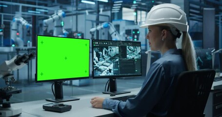 Leinwandbilder - Female Industrial Specialist Working on a Desktop Computer with Green Screen Mock Up Display. Second Monitor Displaying Technical and Production Information About the Robotic Assembly Line