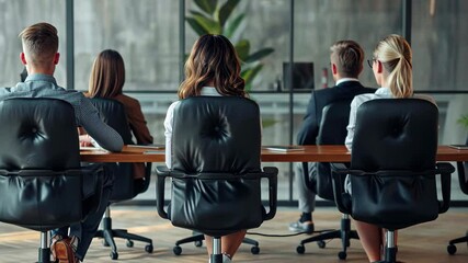Poster - A group of professionals sits attentively in high-backed chairs at a conference table, focused on a presentation in a bright, contemporary office space.
