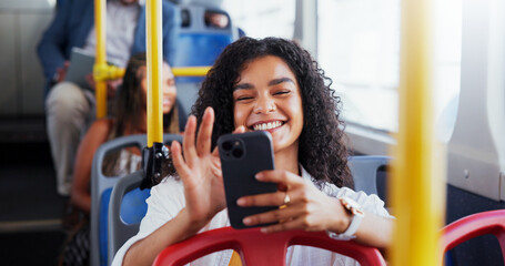 Poster - Girl, smile and travel on bus with phone for morning commute, reading social media post or streaming service. Passenger, person or smartphone on public transport for ride journey or online directions