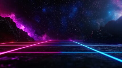 Wall Mural - Neon grid landscape, space mountains, glowing, futuristic, background