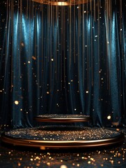 Poster - Elegant dark blue velvet backdrop with golden glitter and two round podiums for product display luxury scene