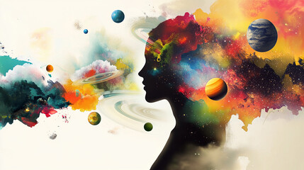 Aufkleber - Abstract profile of a woman with colorful cosmic elements Generative AI