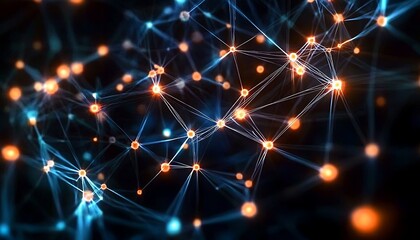 Poster - Digital Network Visualization: A complex network of interconnected nodes and lines, illuminated with glowing light, represents the intricate workings of the digital world and modern technology,