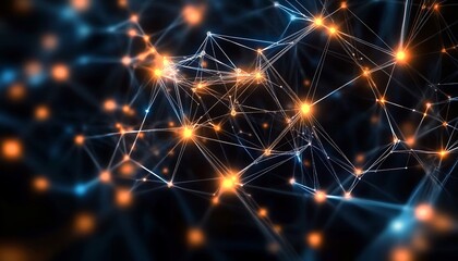 Poster - Digital Network Visualization: A complex network of interconnected nodes and lines, illuminated with glowing light, represents the intricate workings of the digital world and modern technology,