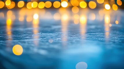 Poster - Ethereal ice rink reflections with golden bokeh lights creating a magical winter wonderland atmosphere for skating season