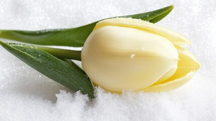 Poster - Serene Cream Tulip Blossom in Winter Snow a Captivating Close Up of Floral Beauty and Freshness with Soft Light and Elegant Simplicity