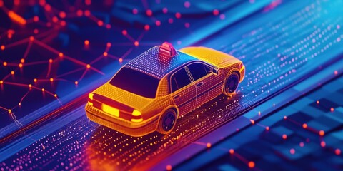 Poster - Futuristic taxi on digital road with neon lights and data connections