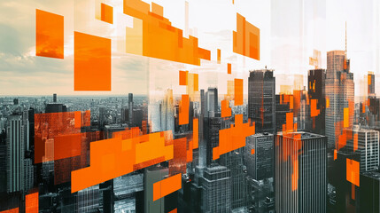 Poster - Modern cityscape with abstract floating blocks enhancing skyline Generative AI
