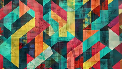 Poster - An intricate pattern features bold geometric shapes in bright colors including red, blue, yellow, and green, creating a dynamic and lively visual effect.