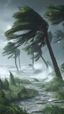 Gale force winds powerfully bend palm trees during a tropical storm, showcasing the beauty and fury of extreme weather conditions.