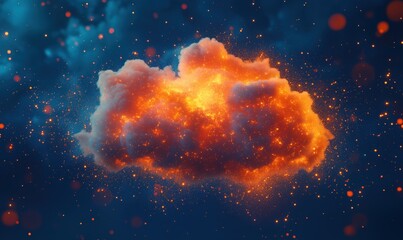 Poster - Glowing orange cloud with sparkling particles against dark blue background