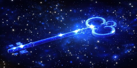 Poster - Glowing cosmic key in starry space with sparkling blue light effects