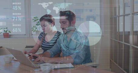 Poster - Image of clock, financial data processing over business people using laptop in meeting