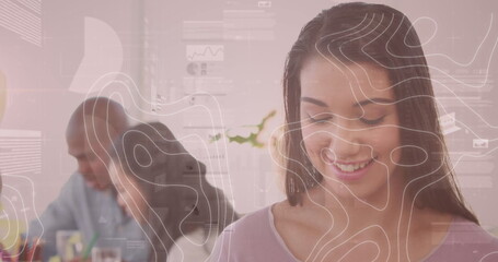 Poster - Image of white lines and financial data processing over businesswoman using tablet