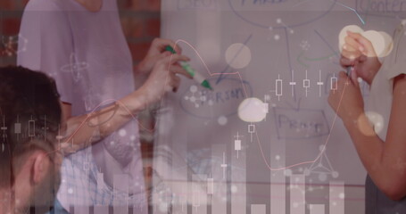 Poster - Image of statistics and financial data processing over business people in meeting