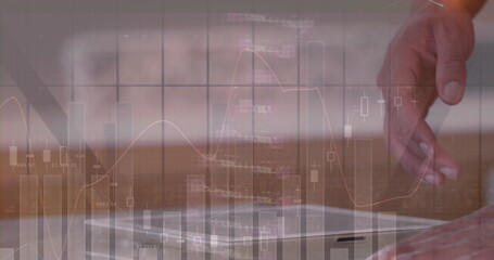 Poster - image of dna strand, statistics and data processing over businessman using tablet