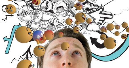 Poster - Image of emoji icons over caucasian man and icons on white background