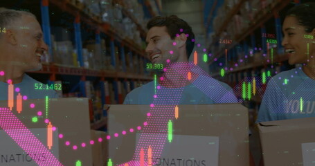 Poster - Image of financial data processing over diverse volunteers in warehouse