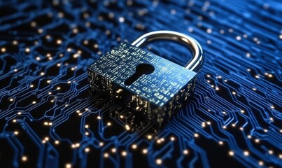 Poster - Digital padlock on circuit board background representing cybersecurity and data protection