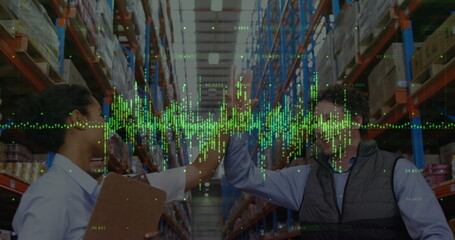 Poster - Image of financial data processing over diverse business people in warehouse