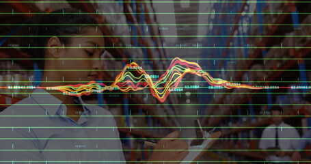 Poster - Image of financial data processing over diverse business people in warehouse