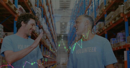 Poster - Image of financial data processing over diverse volunteers in warehouse