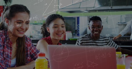 Poster - Image of mathematical equations over school children using laptop in classroom