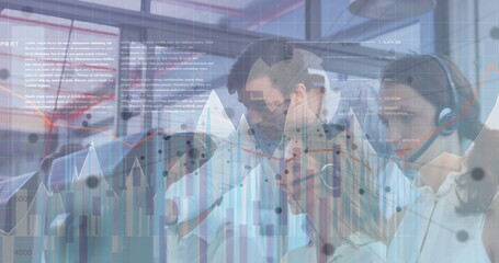 Poster - Image of financial data processing over group of businesspeople with headsets