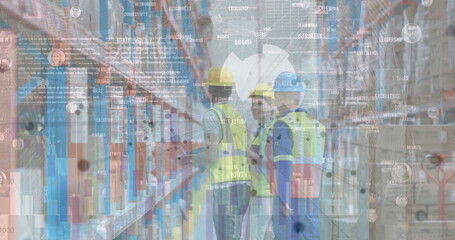 Aufkleber - image of financial data processing over workers in warehouse