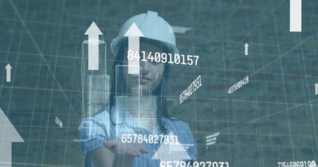 Poster - Image of arrows and numbers over caucasian female worker