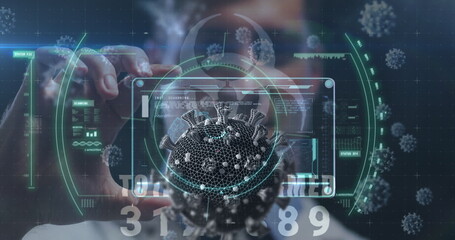 Poster - Image of covid 19 cells floating and data processing over man in face mask in background