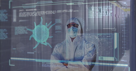 Poster - Image of covid 19 data processing and man in ppe suit over computer servers